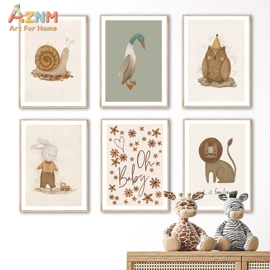 AZNM Neutral Baby Animal Canvas Wall Art Boho Snail Duck Bunny Print for Nursery Decor