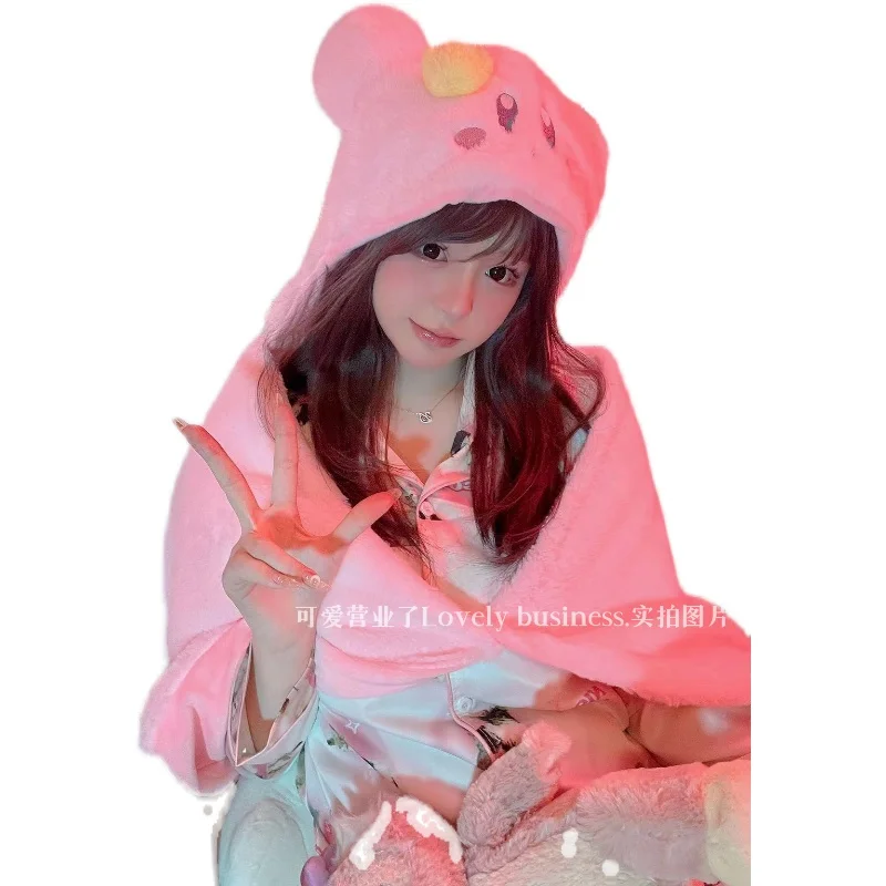 Miniso Star Kirby Hooded Cape Blanket Cute Plush Cape Shawl Winter Warm Hat Scarf Gloves U-shaped Hooded Pillow Girl Gift