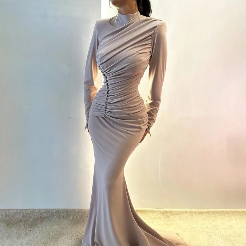 Vestido largo plisado de otoño para mujer, vestido de fiesta ajustado de cintura alta a la moda, vestido Maxi ajustado para mujer