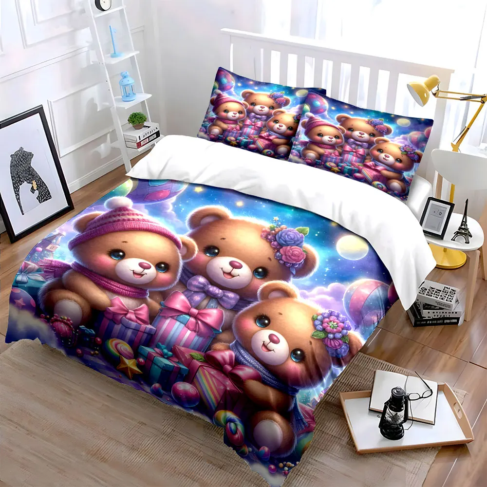 Dreamy Teddy Bears with Gifts Bedding Set for Kids Luxury Gift 3pcs Digital Print Comforter Set Soft Comfortable Breathable