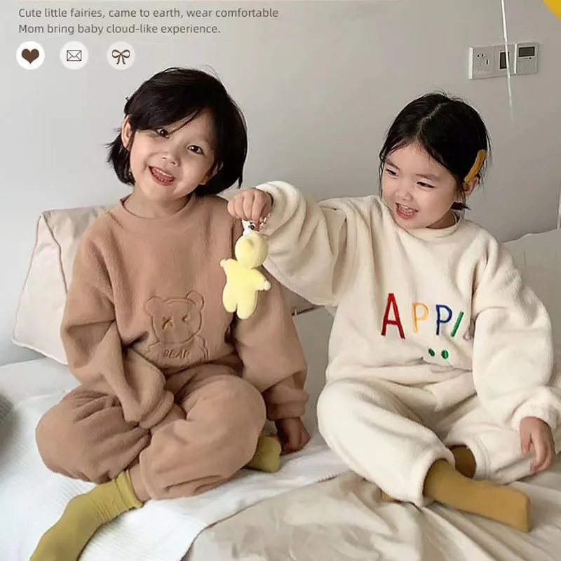 2 Teile/satz kinder winter warme pyjamas gepolsterte verdickte rundhals langarm lange hosen jungen mädchen hause kleidung winter pyjama