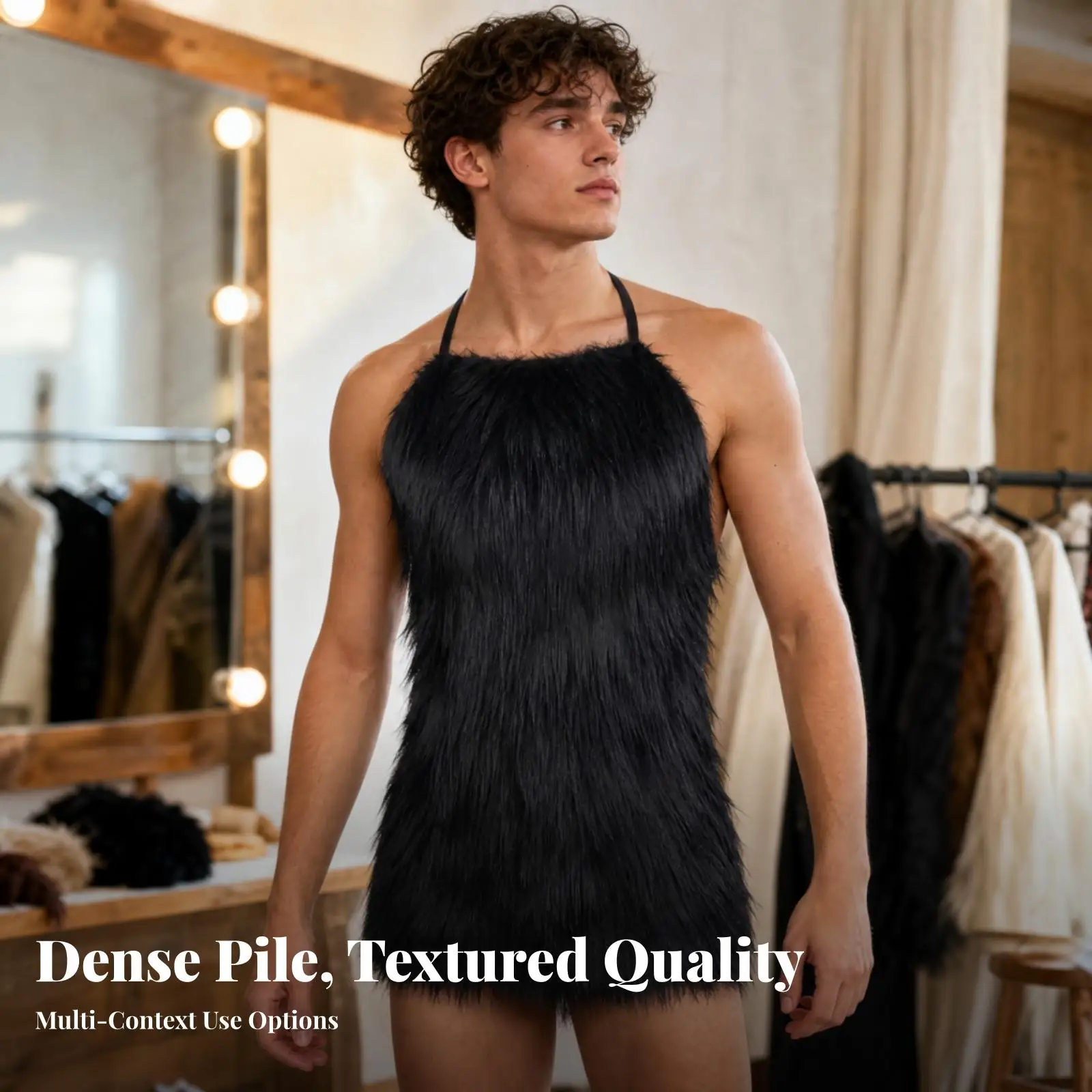 Halloween Costume for Adults Cosplay Faux Fur Halter Top Tunic for Caveman Warrior Role Play Dress