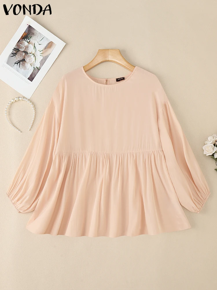 

Топы с пышными рукавами 3/4, женская блузка с рюшами, 2025 VONDA, модные повседневные однотонные Blusas Femininas, свободные элегантные офисные рубашки