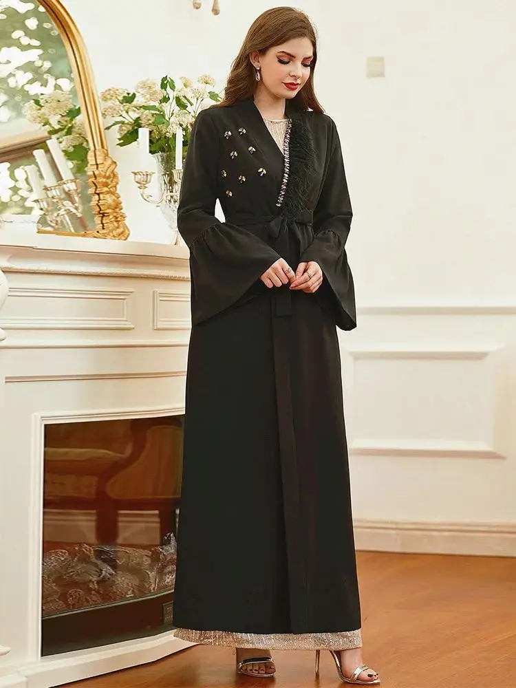 

Открытое кимоно с черными перьями Абая Дубай Роскошные мусульманские длинные африканские платья для женщин Kebaya Robe Marocaine Femme Musulmane Vestido