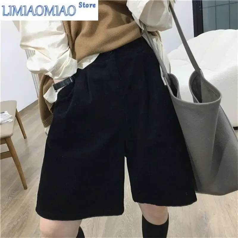 Women's Retro Corduroy A-line Wide Leg Shorts Summer Street Cropped Trousers Young Girl Casual Bottom Female Knee Length Pants