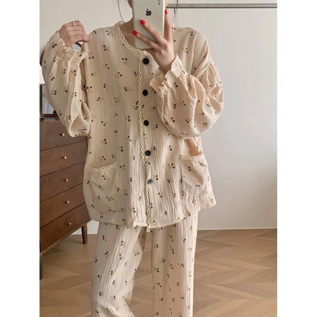 Cherry Sleepwear Women Pajama Sets Aututmn Piiama Lace Pants Sets 2 Pieces Korean Cute Night Wears Pocket Sleeping Home Suit New