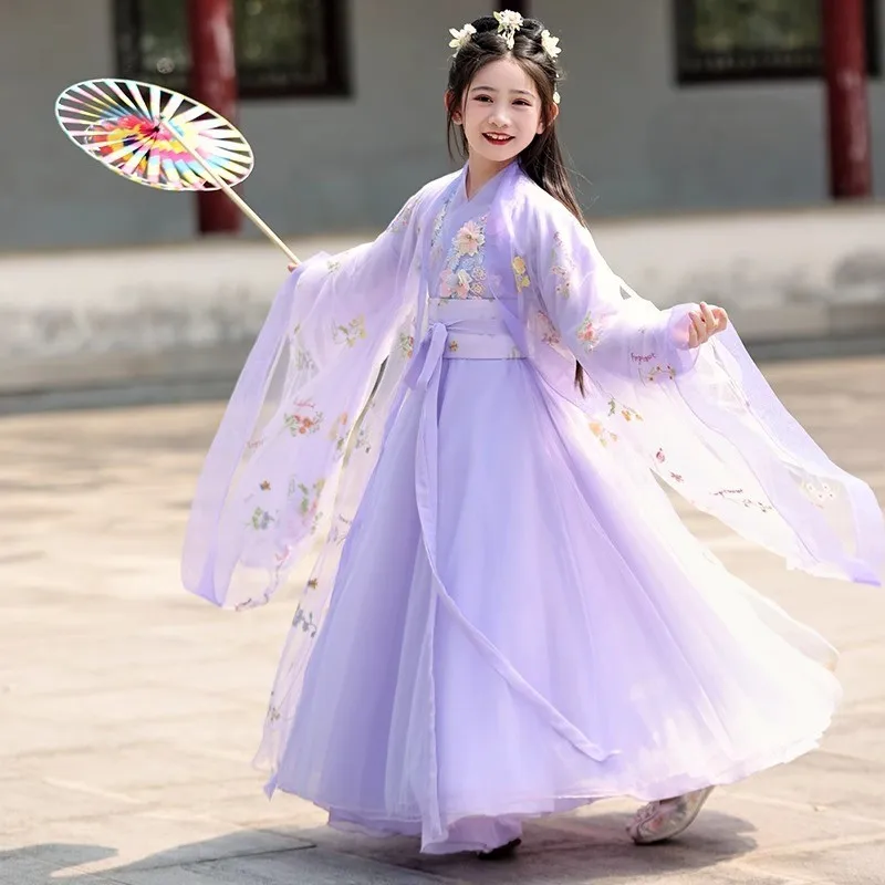 

Kids Vintage Ancient Chinese Traditional Hanfu Children Embroider Perform Clothing Summer New Girls Tang Dynasty Dress Cosplay