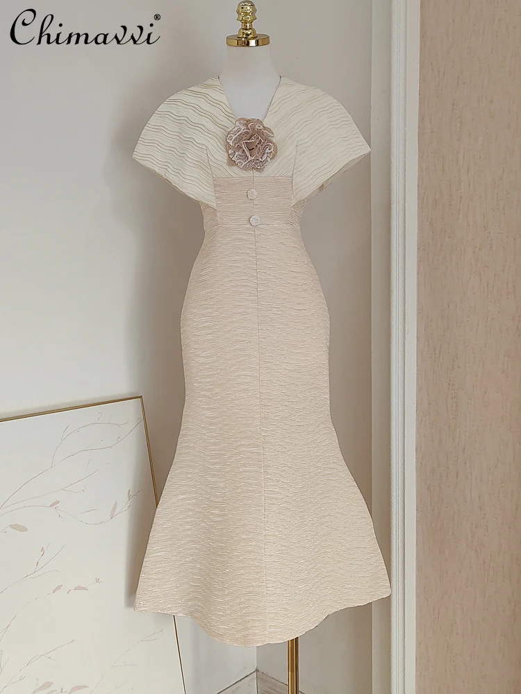 

French Temperament Elegant V-neck 3D Flower Short Sleeve Texture Jacquard High Waist Slim Fit Fishtail Long Evening Dress Women