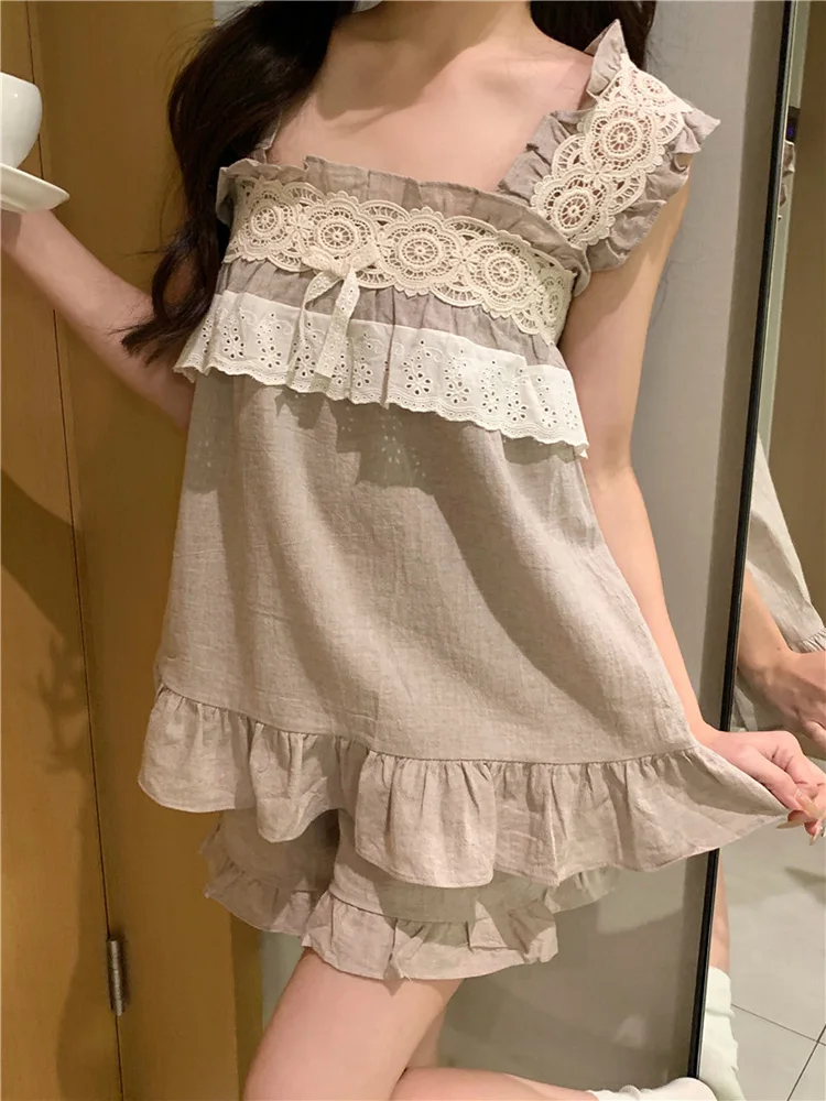 Sweet Simple Princess Japanese Lace Summer Sleeveless Sling Pajama Set Women Girlish Style Real price Loose Casual Sleepwear Ins