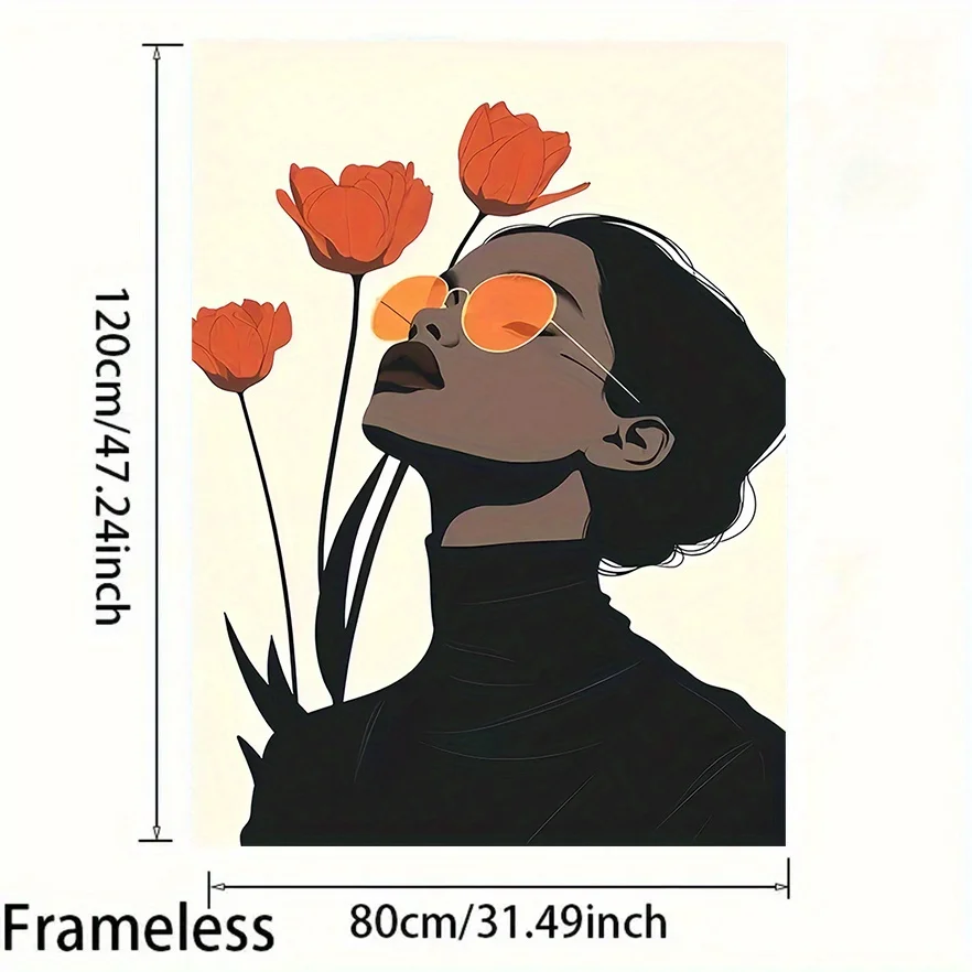 قطعة واحدة من ملصق القماش الحديث الكبير جدًا - ديكور فني جداري بسيط مع توليب برتقالي، صورة امرأة أنيقة - ملصق تنسيق كبير #4