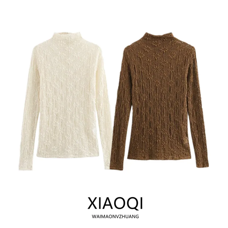 

Spring 2025 Women's Faion Lace Long Sve High Collar Basic Sle Top Versatile Ele Trendy New Arrival