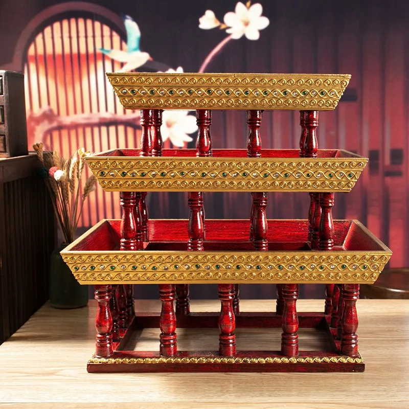 Hotel Clubhouse Fruit Plate Tribute Plate Thai Solid Wood Home Living Room   Desk Fruit Plate Gold Foil