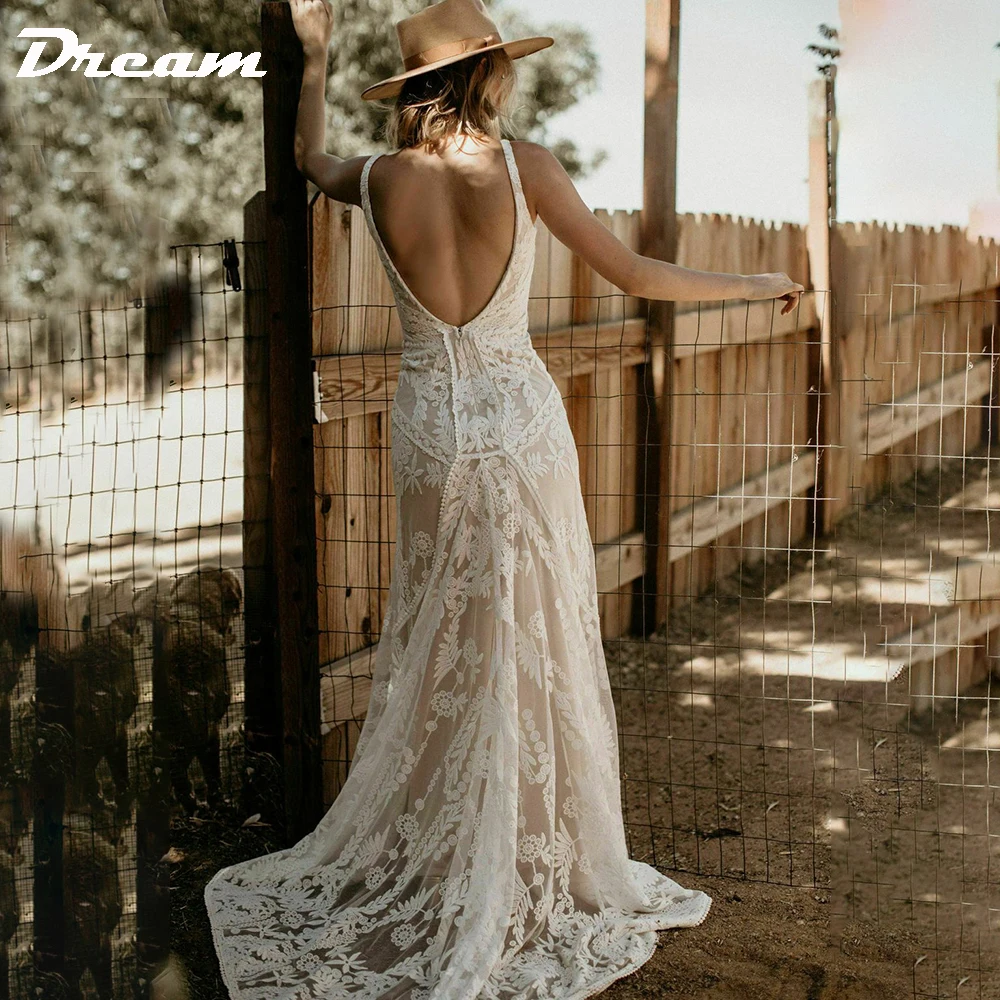 DREAM Customized Elegant Long V Neck Sleeveless Boho Mermaid Wedding Dress 2025 Lace Open Back Sweep Train Bridal Gown