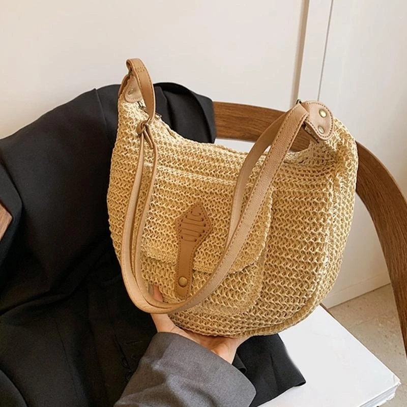 

A3PE Women Straw Beach Bag Simple Crossbody Bag Woven Handmade Shoulder Bag Daily Bag