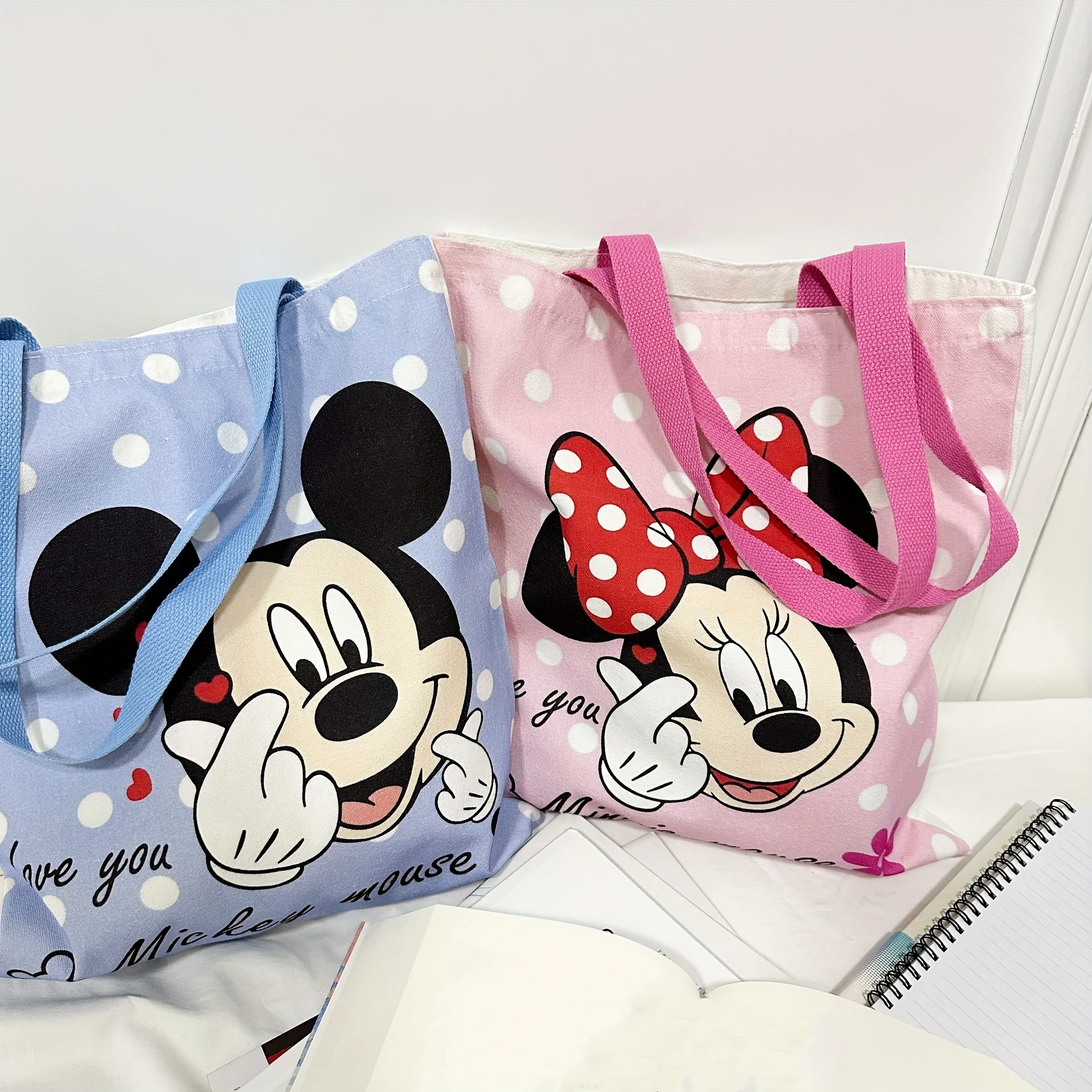 MINISO Disney Adorable Mickey Minnie Canvas Bag Multi Use Secure Drawstring Shoulder Tote for Shopping School Portable Bag