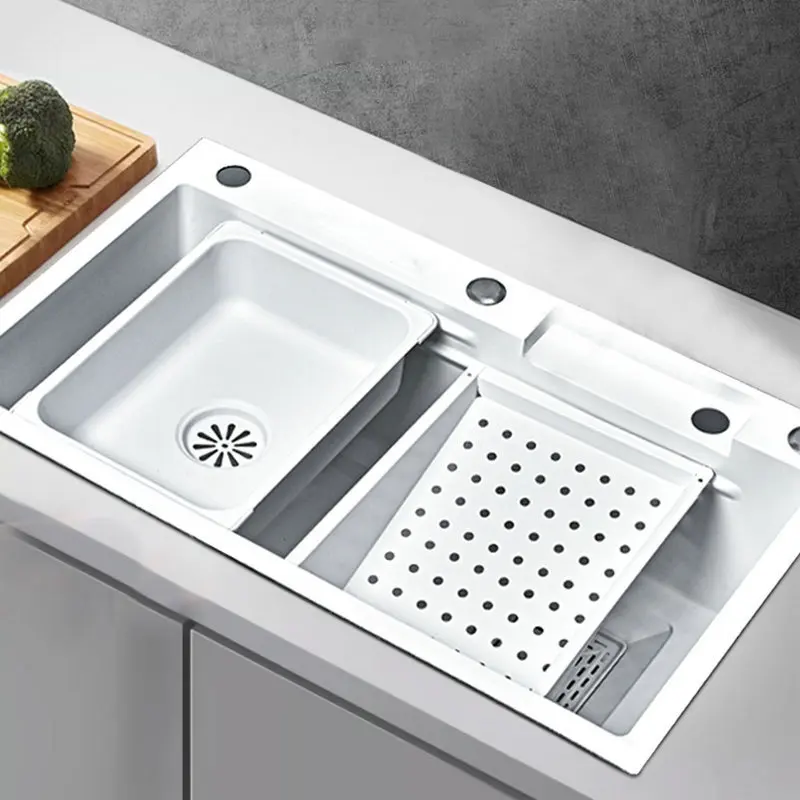 المطبخ المنزلي 304 حوض أبيض من الفولاذ المقاوم للصدأ مجهز بالكامل بصنبور شلال المطر وحوض خضروات متكامل