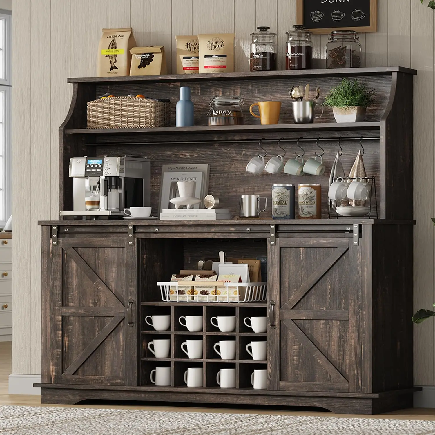 

55 Inch Farmhouse Coffee Bar Cabinet with 3-Tier Enclosed Storage Cabinet, Kitchen Hutch with 12 Wine Racks & 3 Glass Holders, C