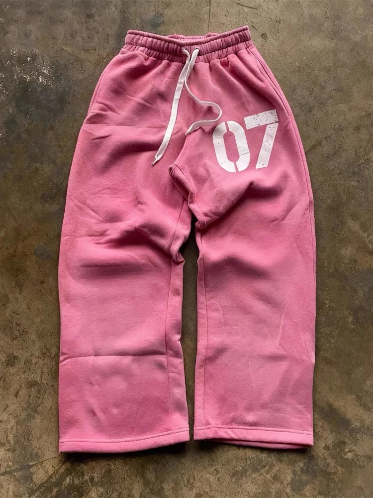 Spodnie dresowe damskie HOUZHOU Y2k z różowym nadrukiem, szare spodnie z szerokimi nogawkami, styl amerykański vintage, męskie spodnie, luźne, hip-hopowe, streetwear