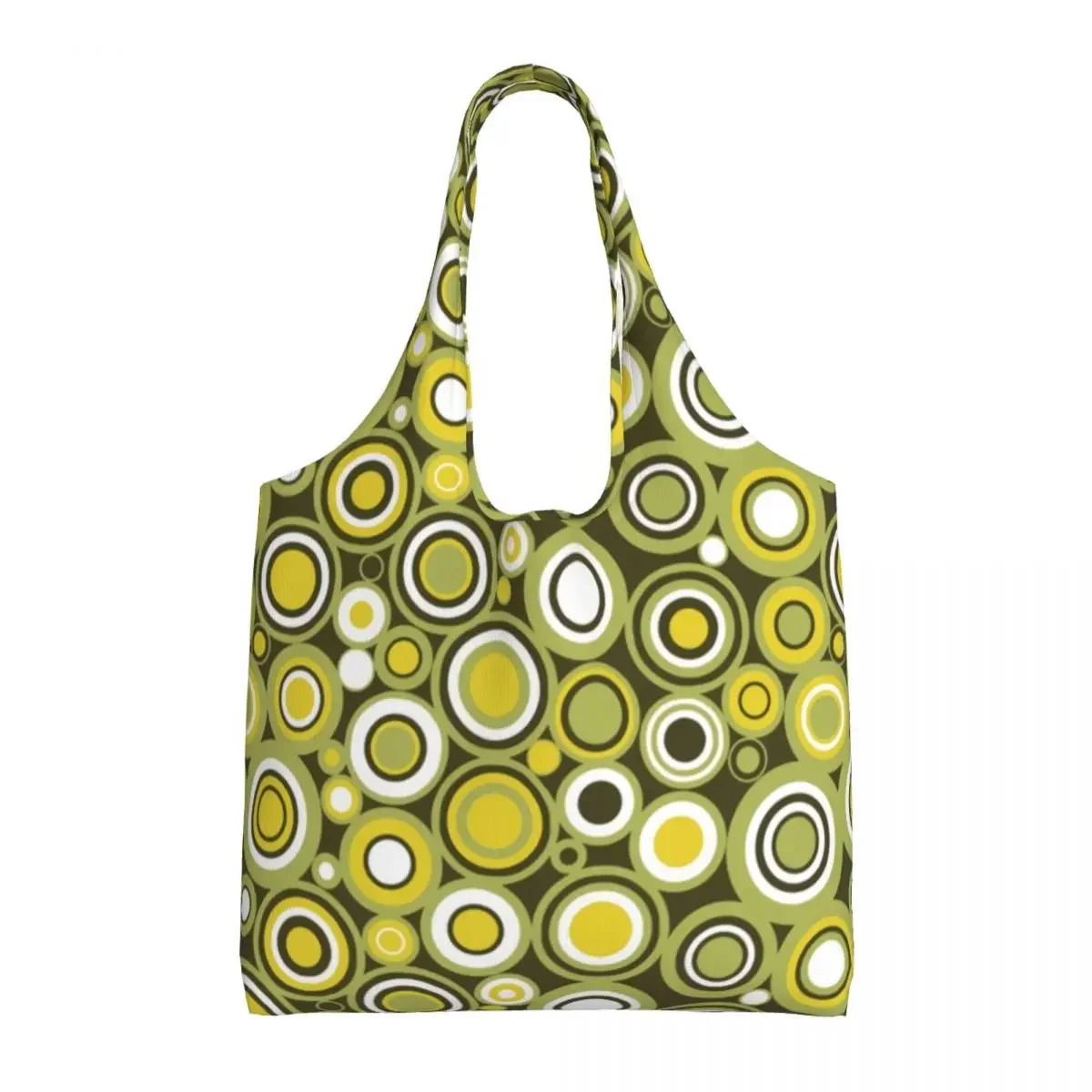 Custom สีเขียวสีเหลืองและสีขาววงกลม Retro Grocery Shopping Tote กระเป๋าผู้หญิงผ้าใบ Shopper กระเป๋าสะพายกระเป๋าถือความจุขนาดใหญ่