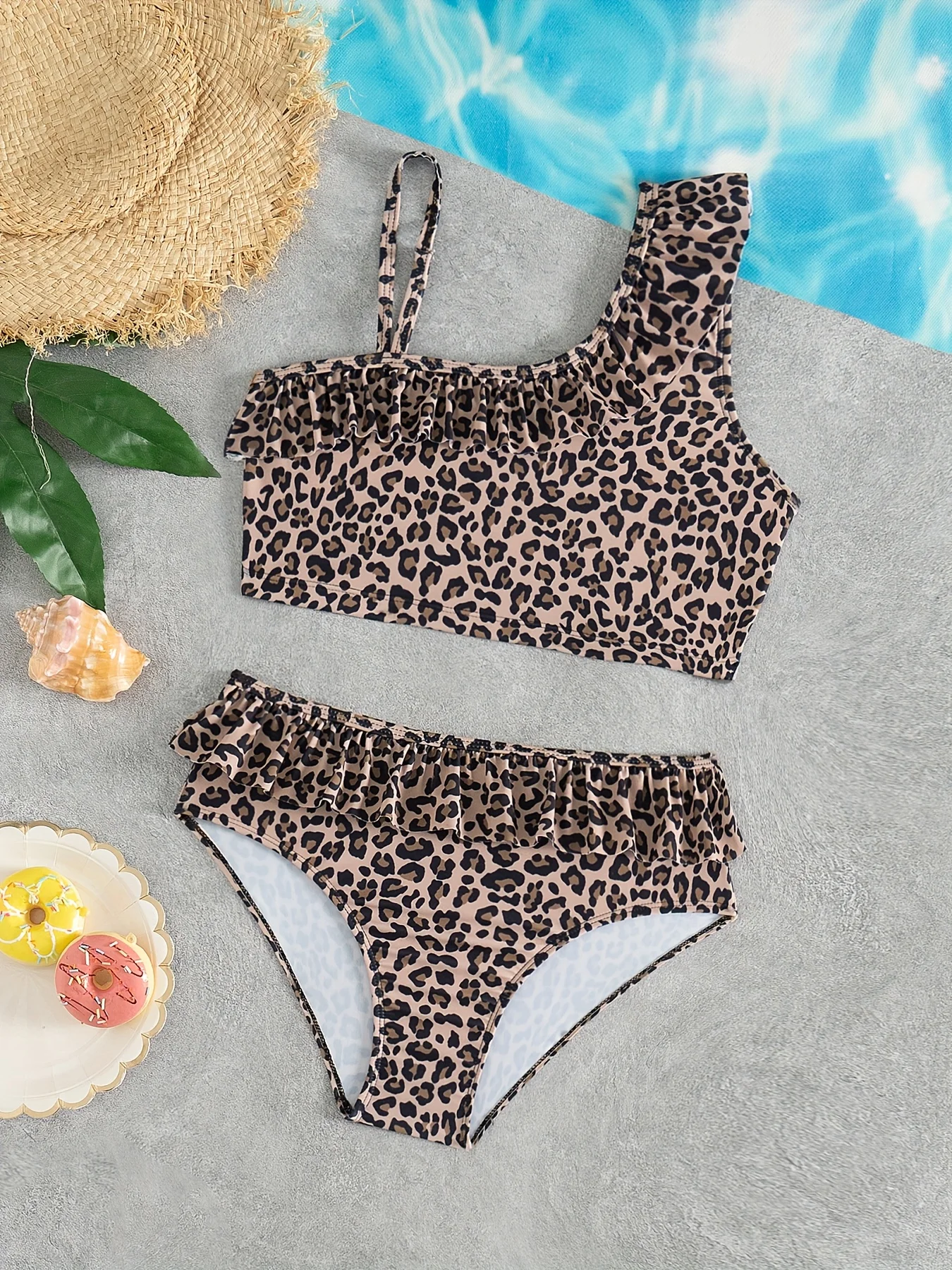 Asymmetrischer Bikini mit Rüschenkante für Mädchen, Kinder-Schwimmkostüm mit Leopardenmuster, 2-teiliges Set für Pool und Strand