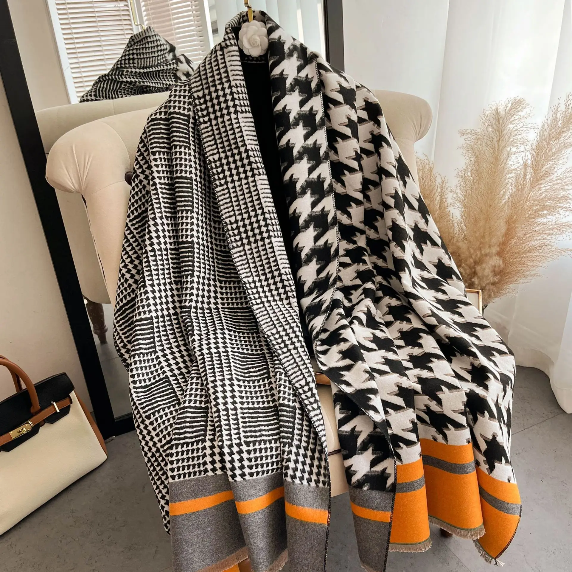 Korean Autumn Winter New Fashion Imitation Cashmere Scarf Women Thick Warm Thousand Bird Plaid Long Shawl KnittedFoulard Blanket