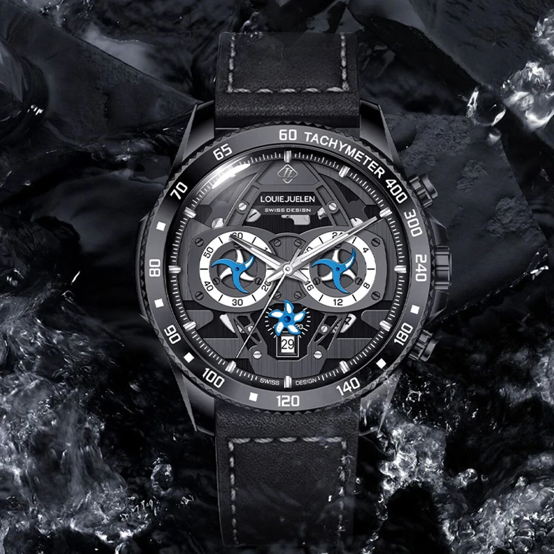 LOUIE JUELEN ساعات رياضية رجالية مقاوم للماء ريال ثلاثة عيون التقويم ساعة كوارتز متعددة الوظائف ساعة عادية Reloj Hombre