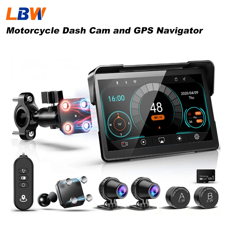 LBW 6–7 Inch Motorcycle Dash Cam with Wireless Magnetic CarPlay  GPS Navigation 128G Storage Card TPMS DVR For All Motorcycles