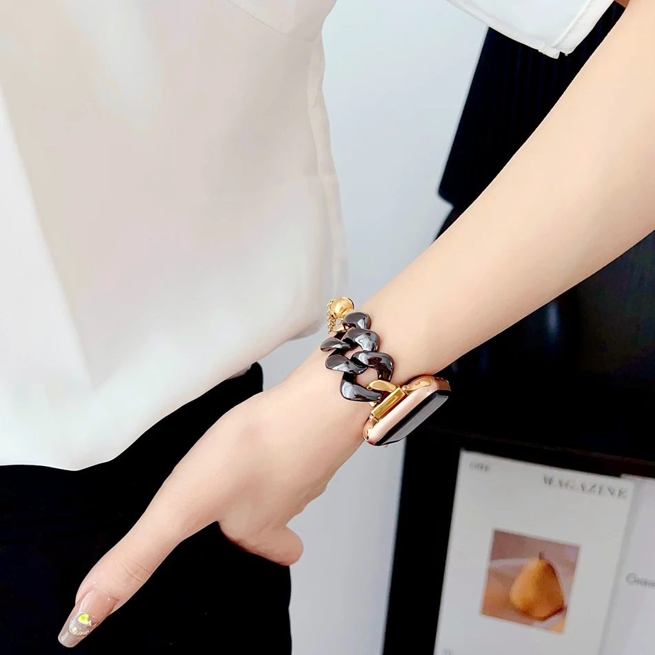 Pasek do Apple Watch Ultra 49mm iWatch Series 8 7 6 SE 5 4 38/40/41mm 42/44/45mm, modowa opaska INS z ceramiki i metalu z bransoletką łańcuszkową