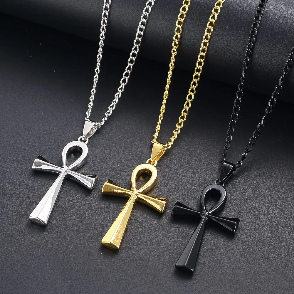 Suka Stainless Steel Ancient Egyptian Symbol Pendant Cross Religious Belief Necklace Peace Amulet Costume Matching Chain