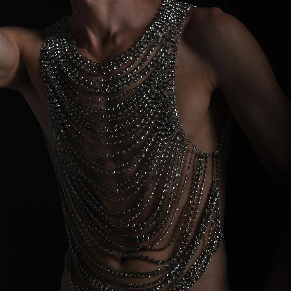 Men Sexy Tassels Chest Chain Full Rhinestone Chains Body Chain Bra Top Multi Layers Harness Slave Necklace Jewelry Party Banquet