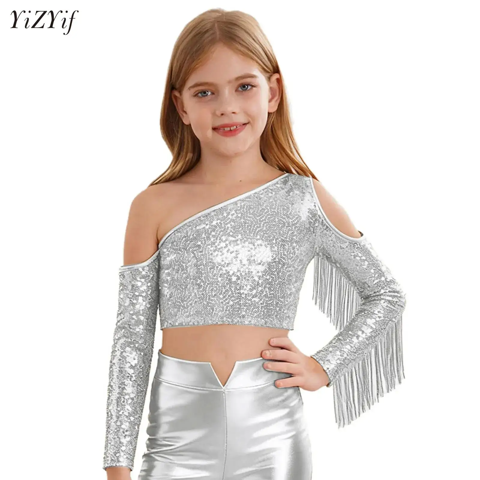

Kids Girls Hip Hop Jazz Street Dance Performance Costume One Shoulder Tassels Long Sleeve Crop Tops Dancewear Hippie 70s Disco