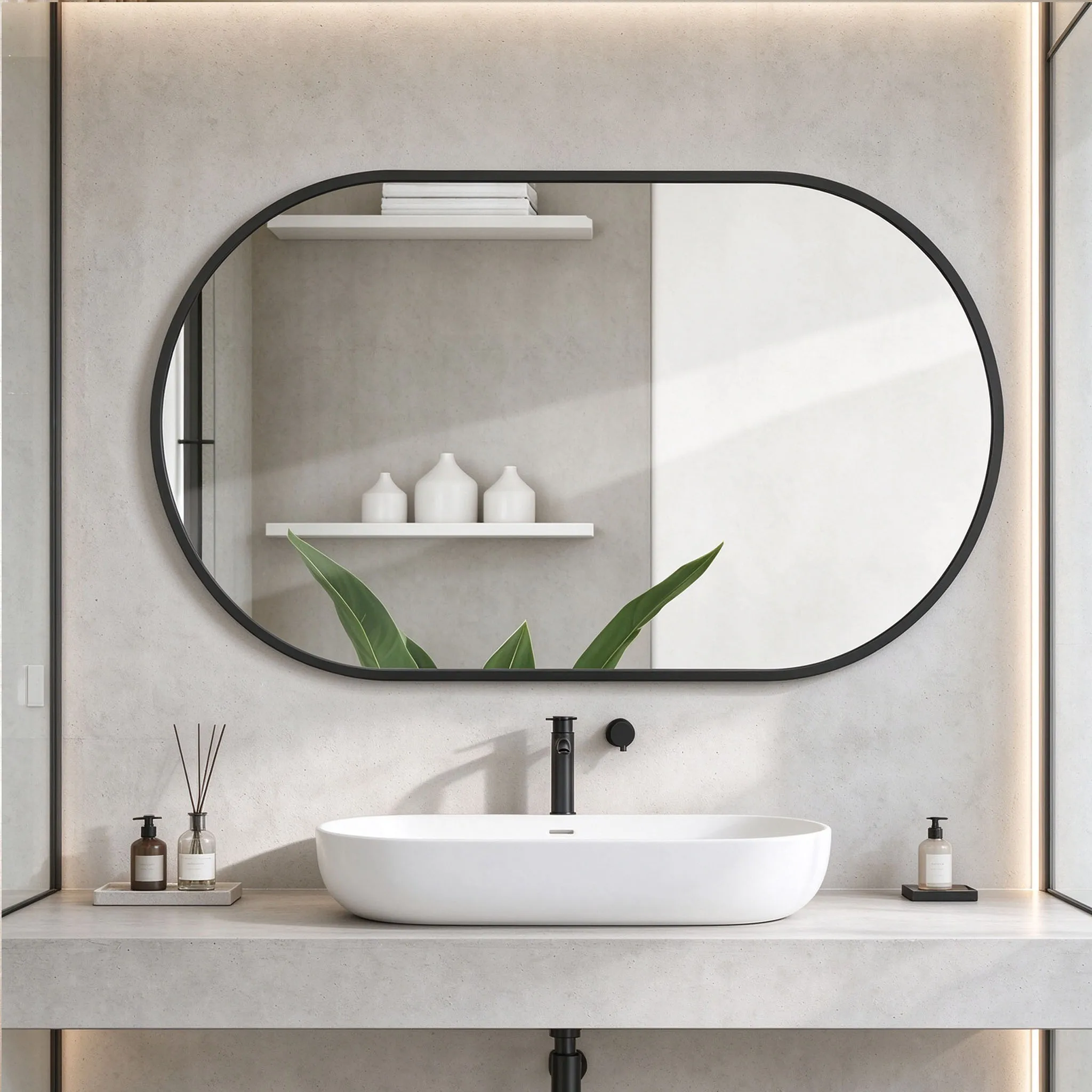 Superaly, specchio da parete ovale con cornice nera sottile, specchio decorativo da parete, elegante specchio da trucco in vetro HD per bagno, corridoio, camera da letto, semplice elemento decorativo