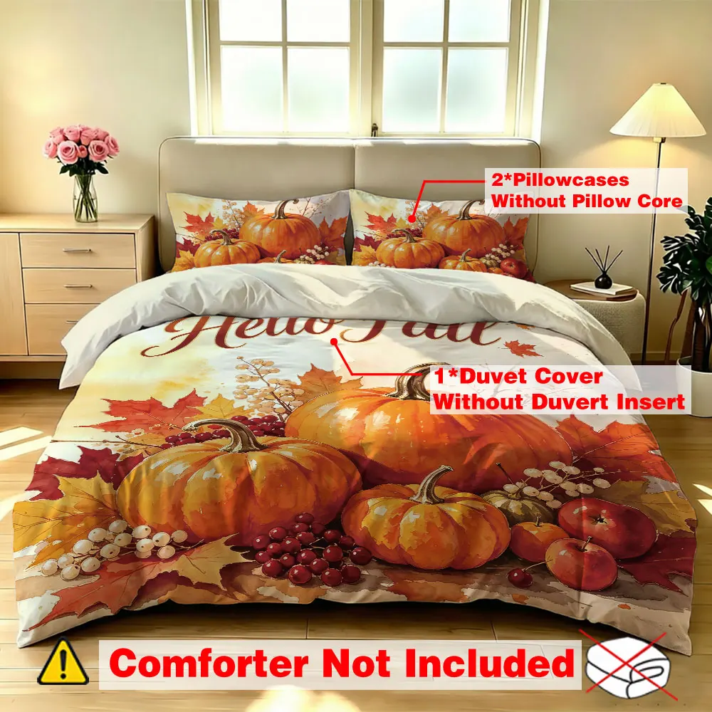 3 Pcs Hello Fall Duvet Cover Set Pumpkin Maple Leaf Print Thanksgiving Cozy Bedding Set for Bedroom Living Room