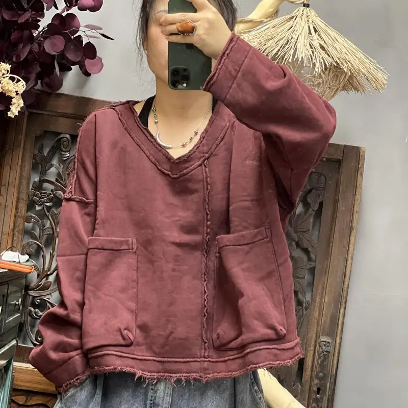 2026autumn Winter Arts Style Women Long Sleeve V-neck Loose Pullovers All-matched Casual Cotton Double Pockets Hoodie F5150