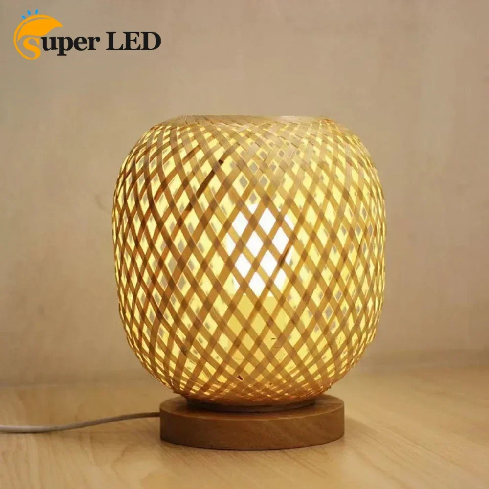 

Retro Desk Lamp Reading Light Home Decor Table Lamp Bamboo Weaving Table Lamp Handmade Natural Wooden Base E27 Lighting Fixtures