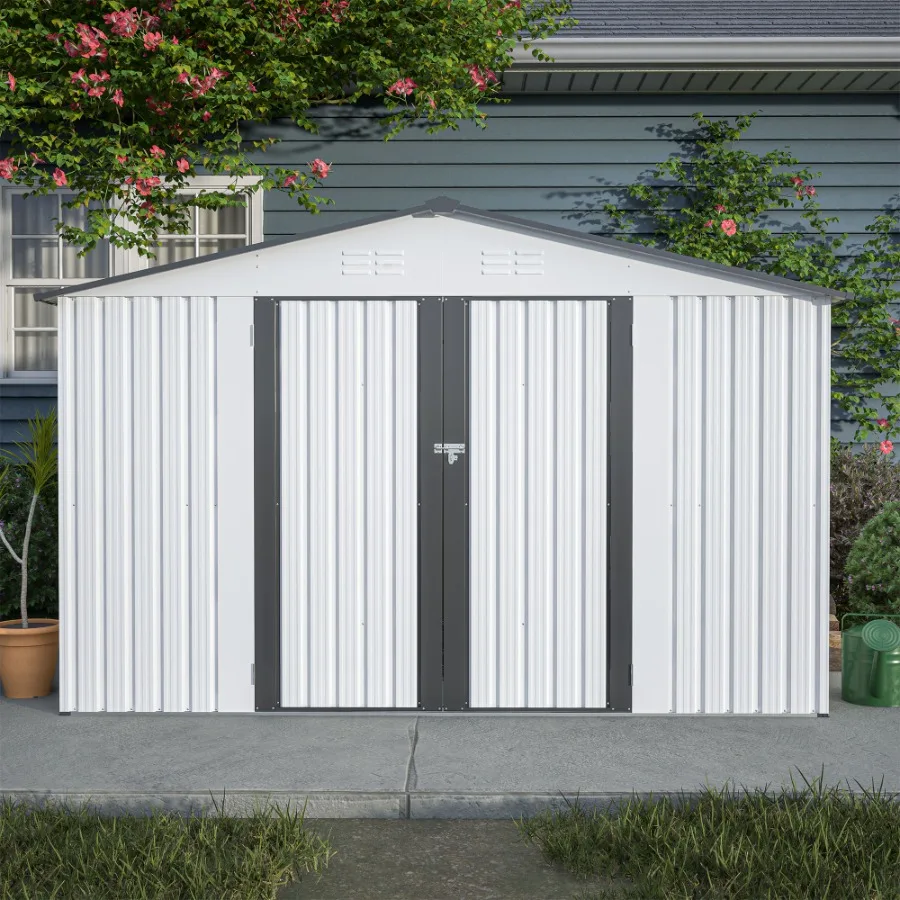 

10X8 FT Outdoor Storage Shed All Weather Metal Sheds with Lockable Doors Tool Shed for Garden Patio Backyard Lawn Grey