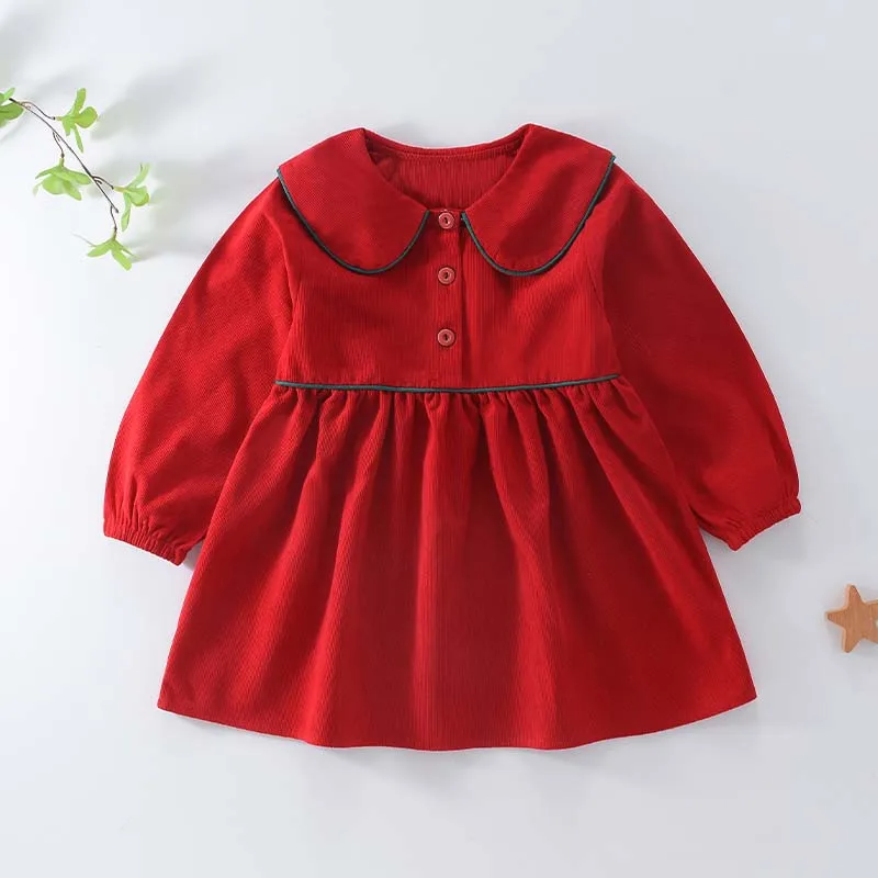 DAYIFUN Girls Corduroy Dress Lovely Solid Loose Long Sleeved Frock Doll Collar Buttons Elegent Daily Leisure Dark Green Dresses