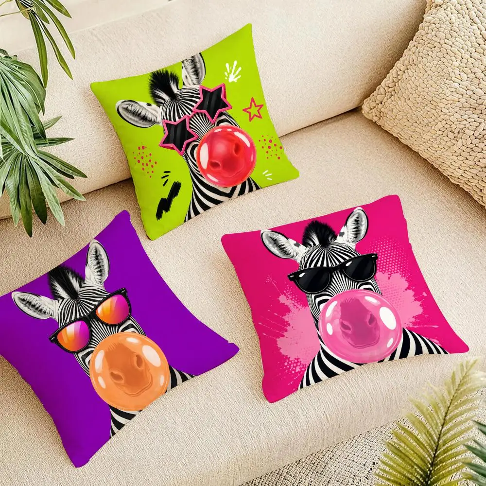 Funny Pink Pop Art Bubble Gum Zebra Cushion Cover Natural Linen Organic Fabric Double-Sided Printing Breathable For Home Decor