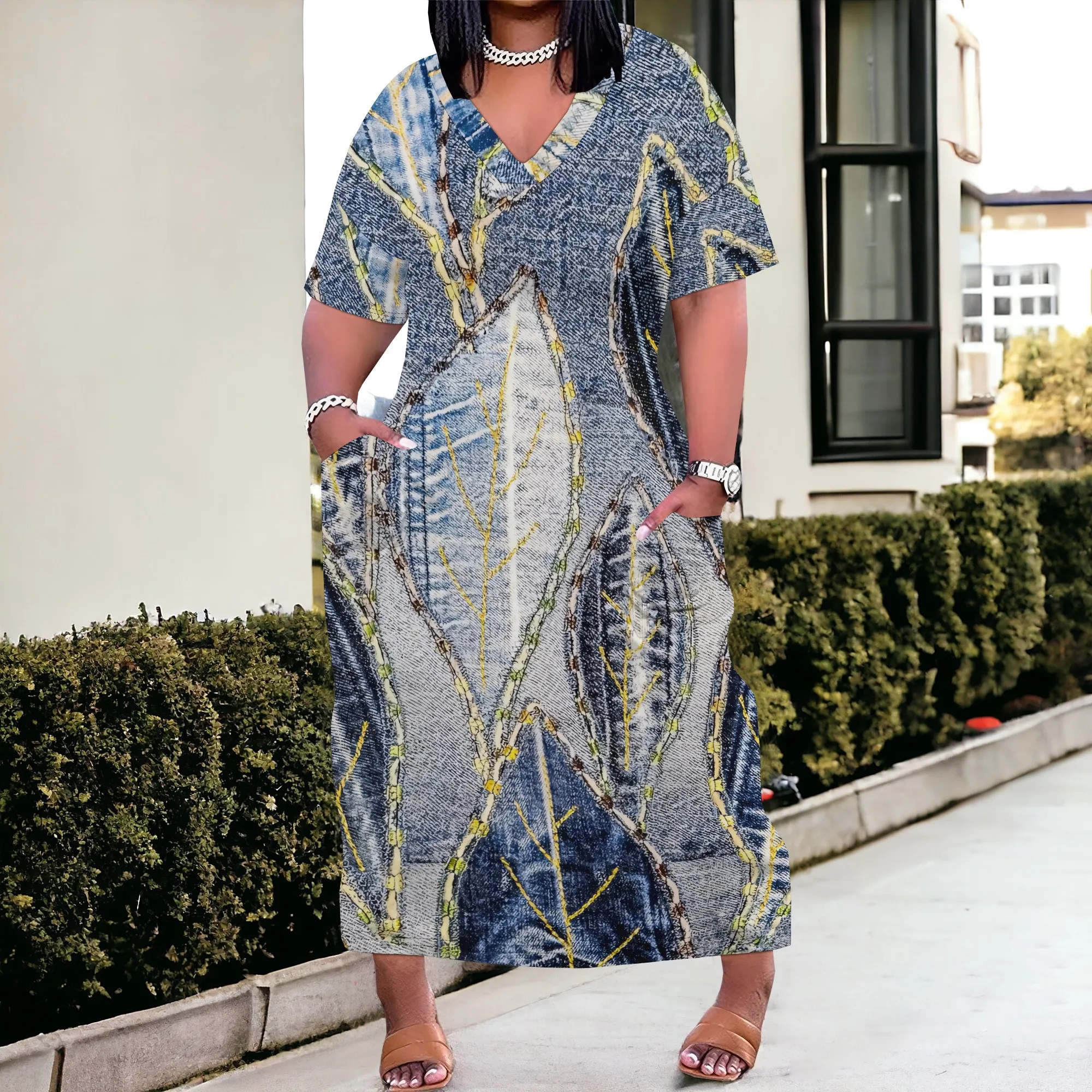 

Women's Polyester Denim Style Flared Maxi Dress Grayish Blue 3/4 Sleeve Party Evening