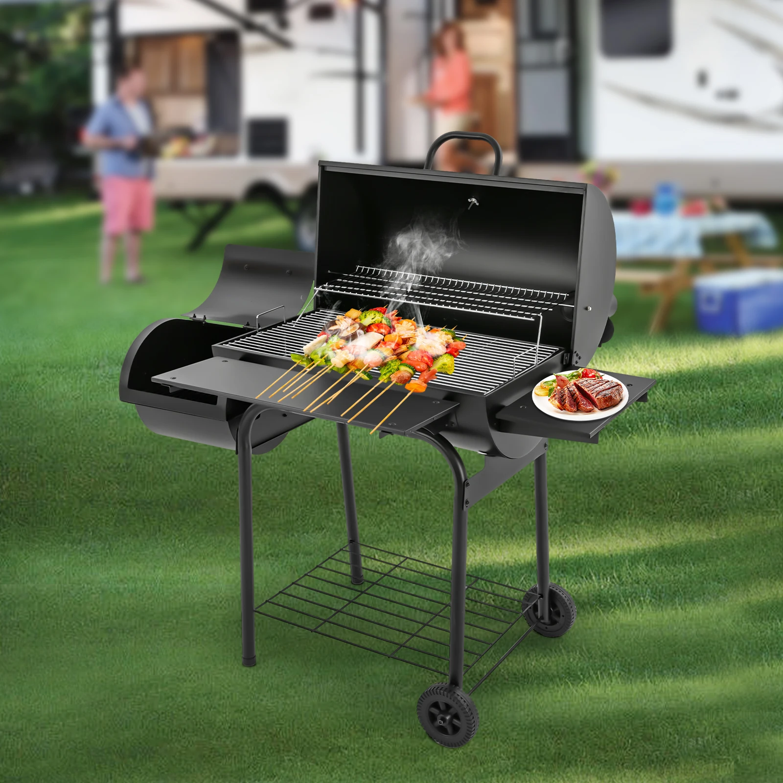Großer schwarzer Holzkohlegrill mit Seitentischen, 4-6 Personen Outdoor-Grill mit Thermometer & Rädern, robuster tragbarer Holzkohlegrill für Garten, Camping und Picknick (Schwarz) – Detail 4