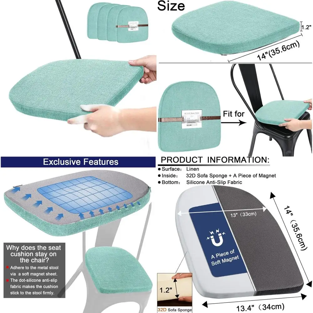 

Набор из 4 светло-зеленых магнитных подушек для сидений 14x14 для штабелируемых металлических стульев — противоскользящие для столовой, кухни, кафе