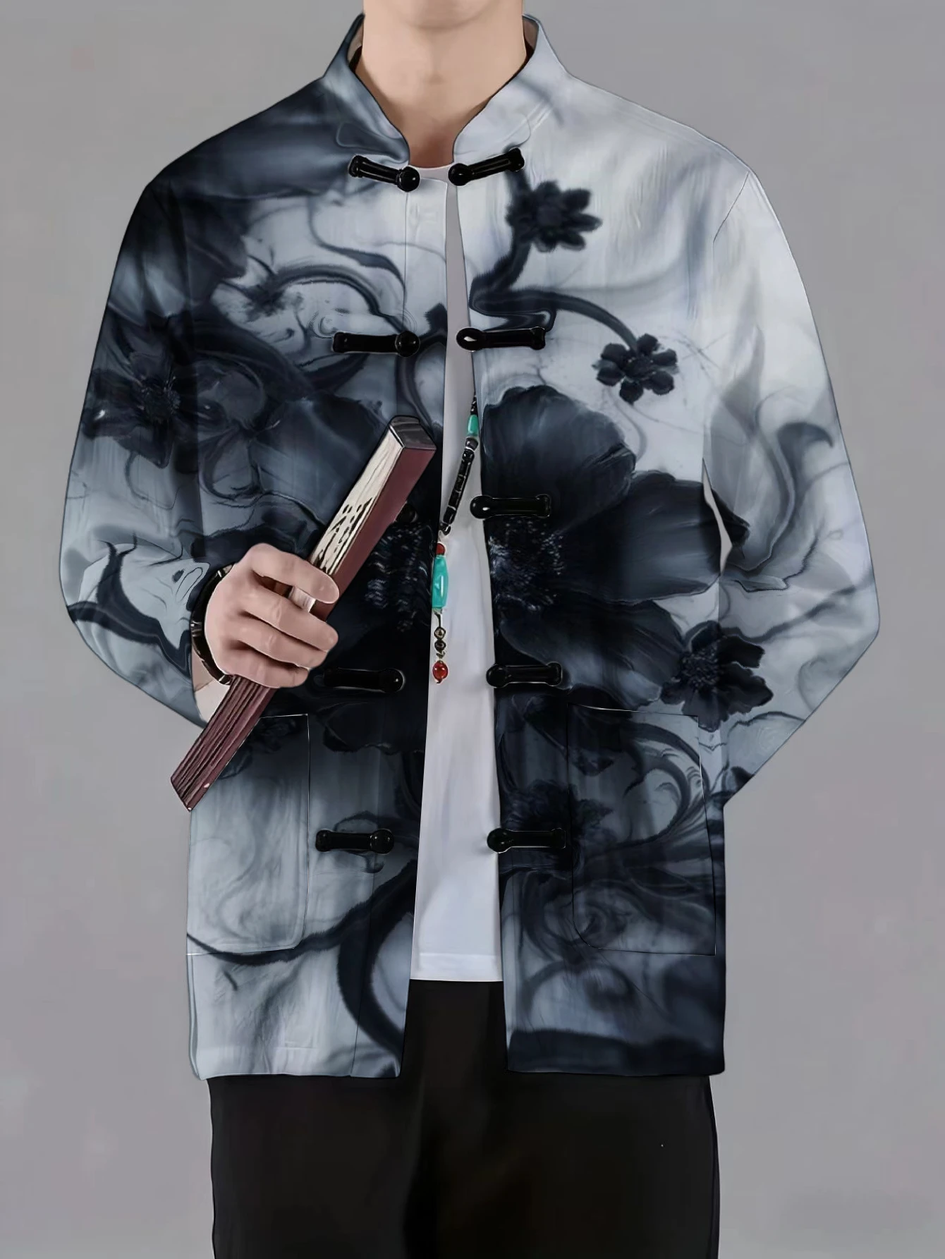 Men Mandarin Collar Frog Button Long Sleeve Jacket Fantasy Art Tie Dye Scenery Print Casual Outerwear With Side Pockets