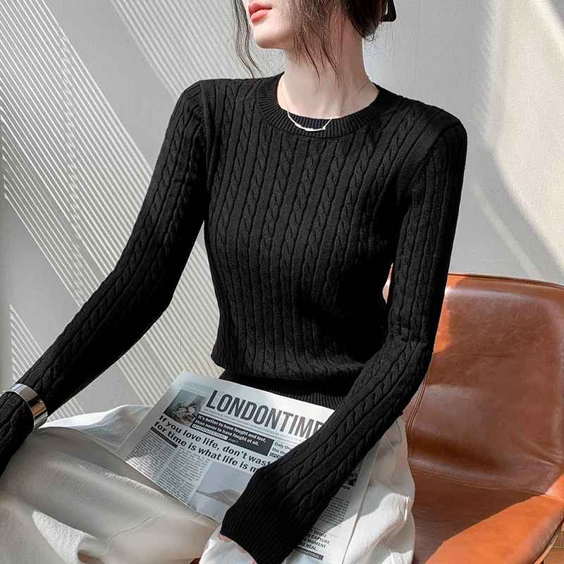 Czarny sweter damski z okrągłym dekoltem, dzianinowy, dopasowany, z długim rękawem, nowy model, bluzki damskie, swetry Q2354