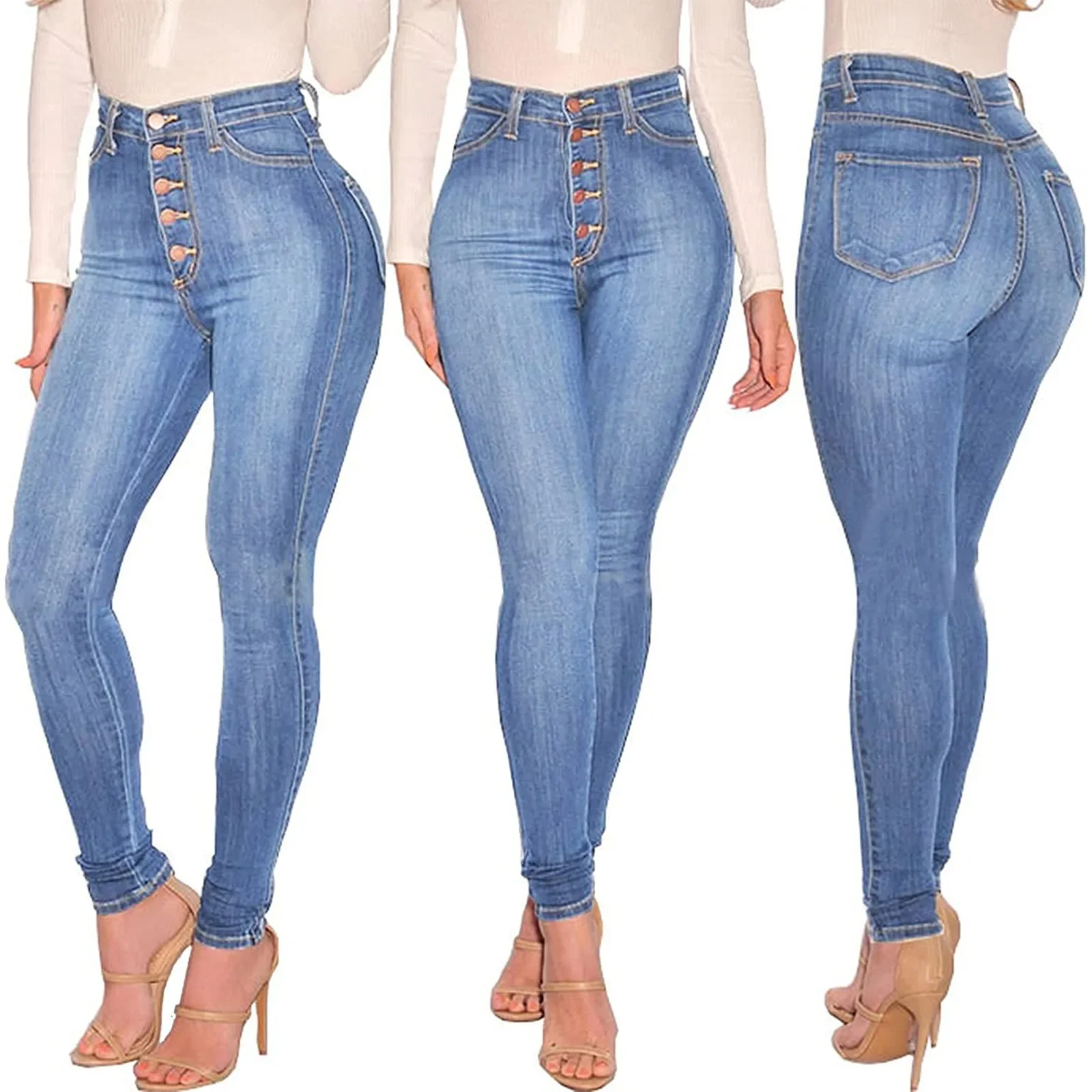 Skinny Colombian Jeans For Women High Waist Stretch Jeans 5 Button Push Up Butt Lifting Pockets Fashion Stretch Blue Jeans