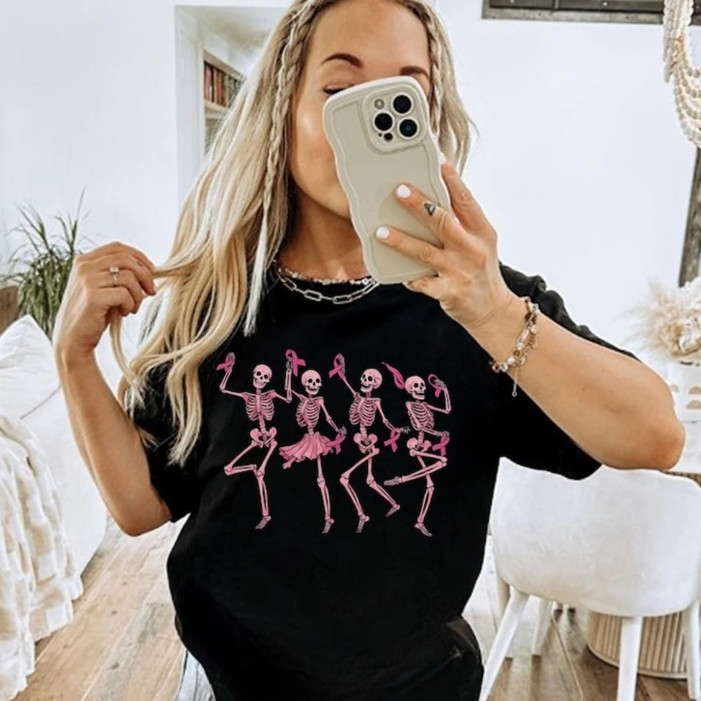 

Dancing Skeletons Breast Cancer Shirt Skeletons Pink Ribbon Tee Breast Cancer Halloween Sweatshirt Women Trendy Short Sleeve