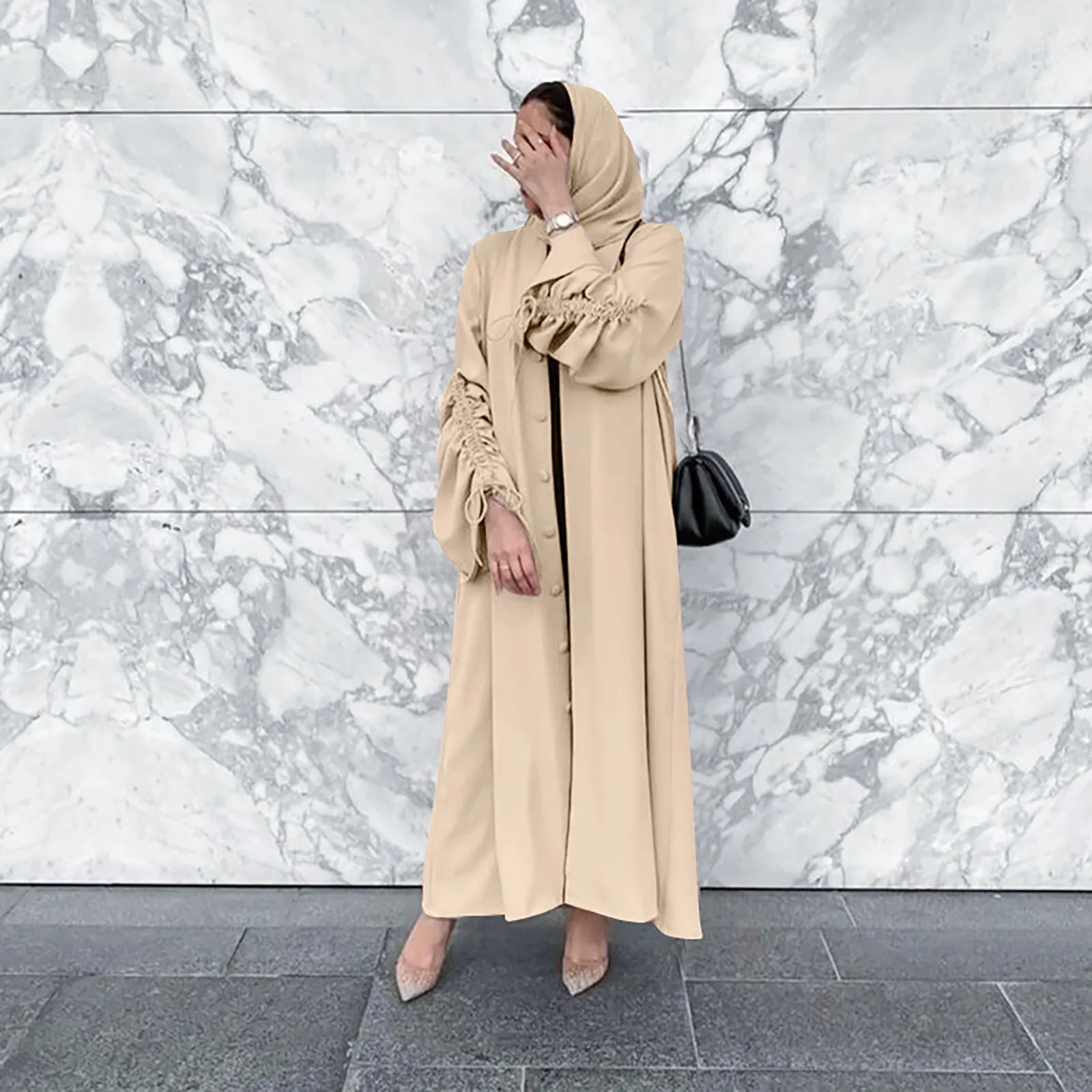 

Women's Muslim Long Robe Breasted Drawstring Long Sleeved Cardigan Dresses Solid Color Vintage Abaya Ramadan Prayer Clothing