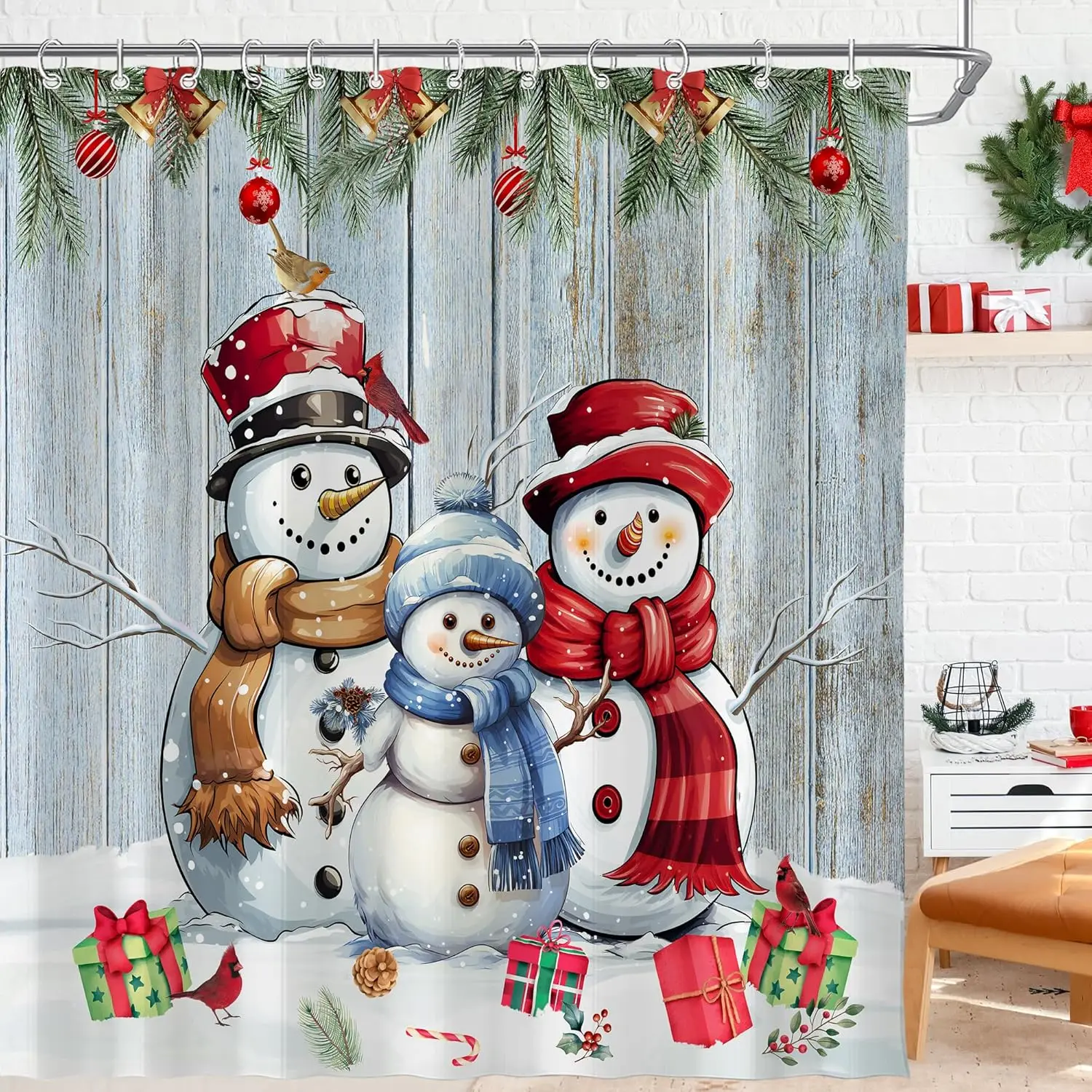 عيد الميلاد الشتاء ثلج مزرعة دش الستار للحمام فروع الصنوبر ريفي الخشب مجلس عيد الميلاد شجرة صنوبر عطلة البلاد