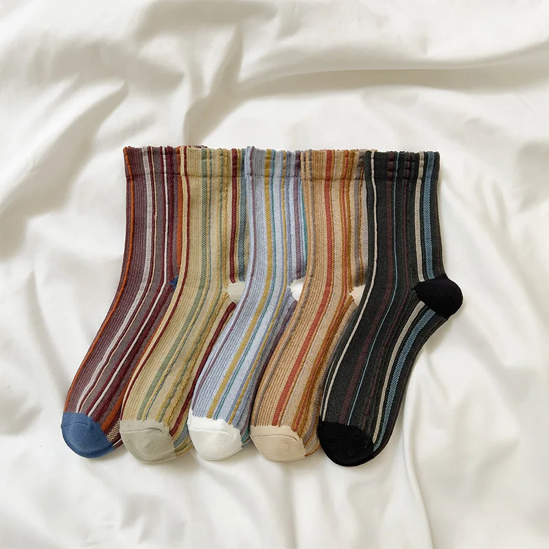 Retro Mori Vertical Striped Socks Fashion Preppy Contrast Thin Striped Cotton Sock Spring Summer Breathable Casual Student Soxs