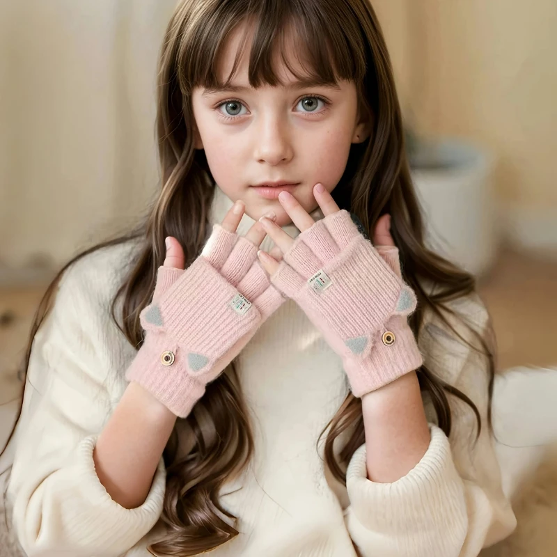 

1 пара милых перчаток-трансформеров с кошачьими ушками, теплые вязаные варежки с откидным верхом для женщин, для зимы, офиса, набора текста и письма