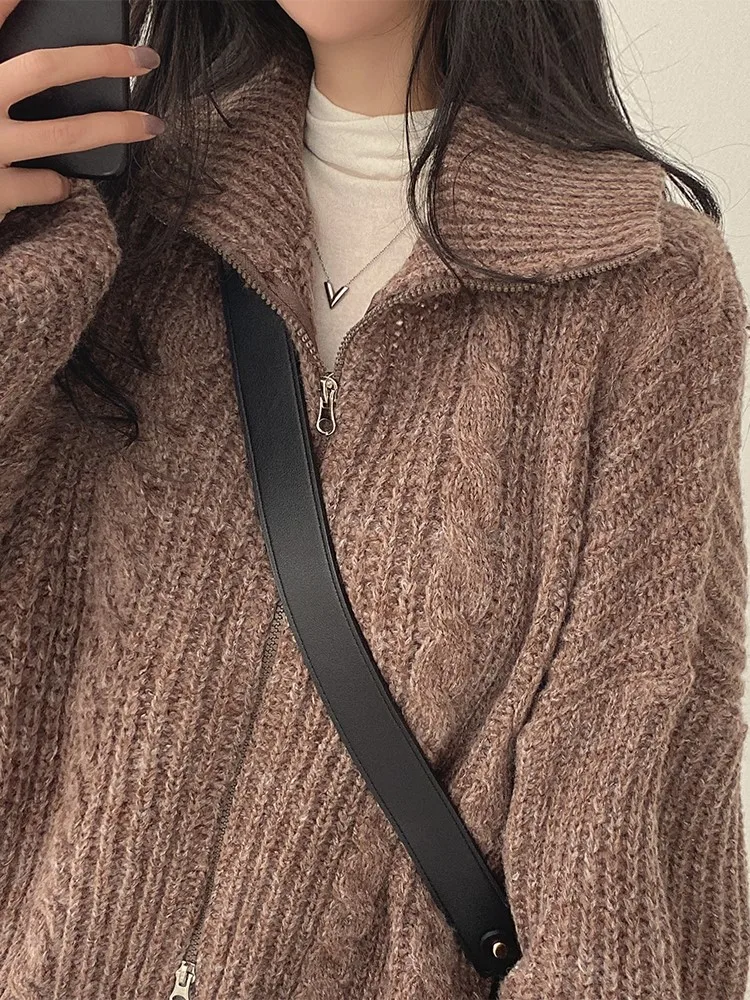 Autumn Winter Knitted Sweater Cardigan Women Korea Lazy Oaf Loose Double Head Zipper Wool Neck  Long Sleeve Ladies Coat Tops